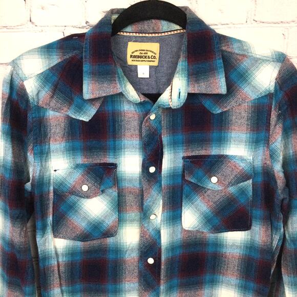 Roebuck and Co Western Pearl Snap Cowboy Rodeo Blue Plaid Flannel Shirt Men's S - Picture 2 of 13